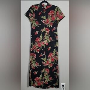 Y2K Emma James Button Front Maxi Dress Size 6/S Dark Floral Tie Short Sleeve 90s